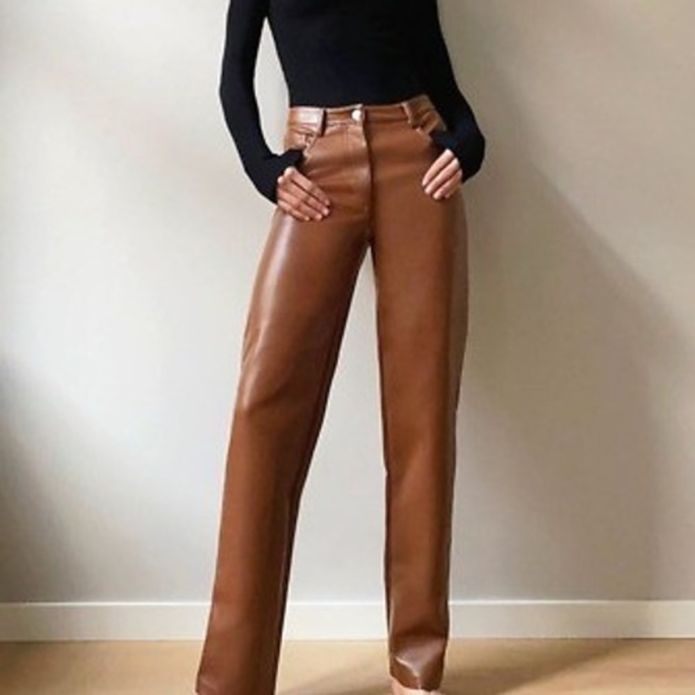 Wilfred Aritzia Melina High Rise Straight Leg Vegan Leather Pants Brown Size 4